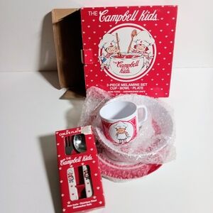 Vintage 90s Campbell Kids Melamine Set Cup Bowl Plate and Flatware Spoon Fork